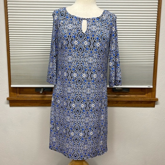 Laundry By Shelli Segal Blue Patterned 3/4 Sleeve Popover Shift Dress XS - Picture 1 of 9